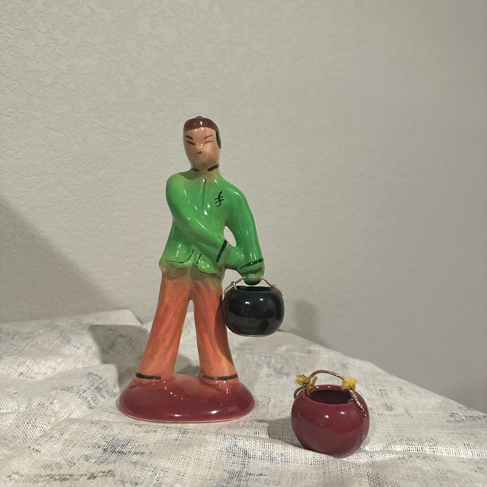 Vintage Green and Red Figurine with Black and red ceramic Pot
